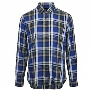 Vince Mens Medium Plaid Button Down Shirt Blue Cotton Linen Blend Italian Fabric